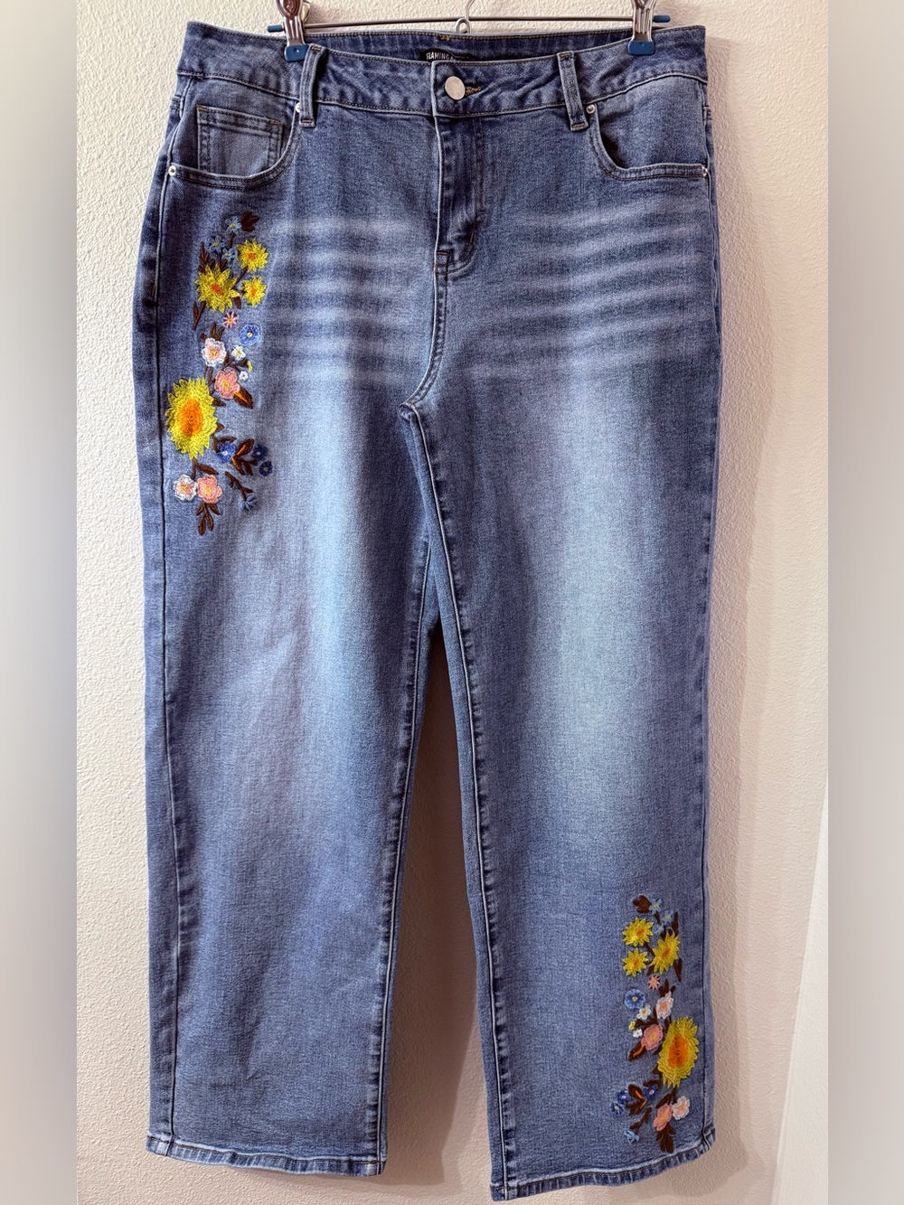 Flamingals Embroidered Floral Denim Jeans with Stretch XL (12/14)